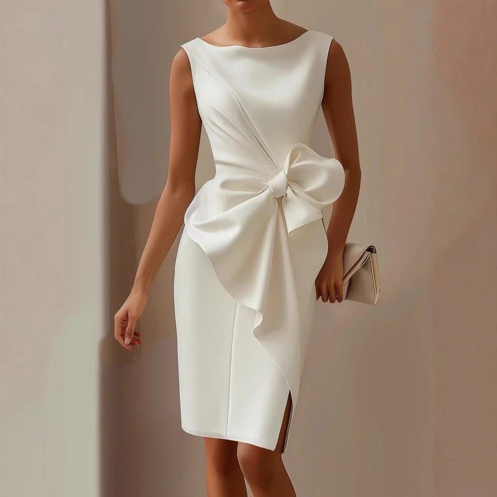 Women’s Sleek Sleeveless Midi Dress with Oversized Side Bow Detail