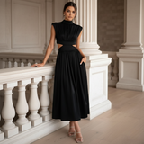 Women’s High Neck Pleated Midi Dress with Waist Cutouts and Pockets