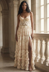 Women's Floral Corset Maxi Dress with Ruffle Tiered Skirt and Slit