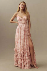 Women's Floral Corset Maxi Dress with Ruffle Tiered Skirt and Slit