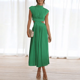 Women’s High Neck Pleated Midi Dress with Waist Cutouts and Pockets