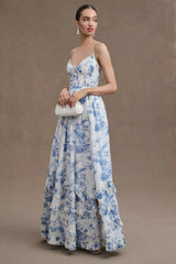 Women's Floral Corset Maxi Dress with Ruffle Tiered Skirt and Slit