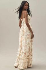 Women's Floral Corset Maxi Dress with Ruffle Tiered Skirt and Slit