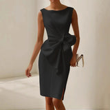 Women’s Sleek Sleeveless Midi Dress with Oversized Side Bow Detail