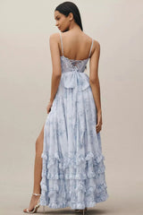 Women's Floral Corset Maxi Dress with Ruffle Tiered Skirt and Slit